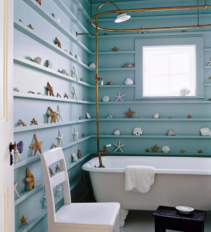 Monochromatic Ledge Shelves Display Collected Treasures #smallbathroom #design #decorhomeideas