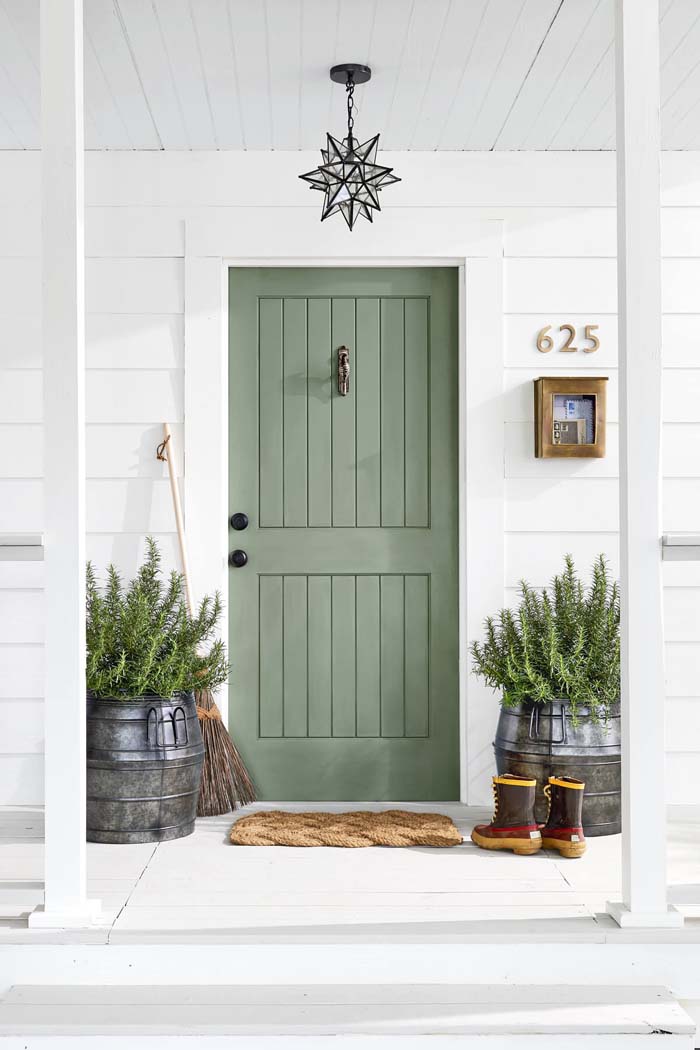 Pastel Green Paneled Front Door #farmhouse #frontdoor #decorhomeideas