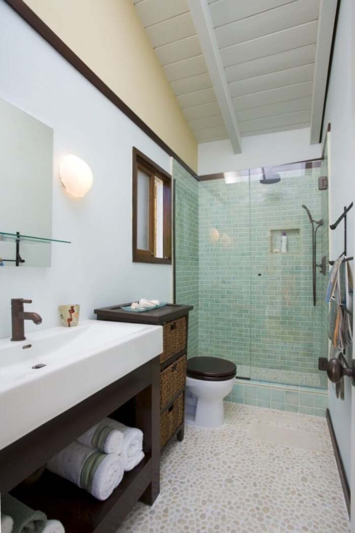 Pebble Tile Floor Paired with Aqua Shower Walls #smallbathroom #design #decorhomeideas