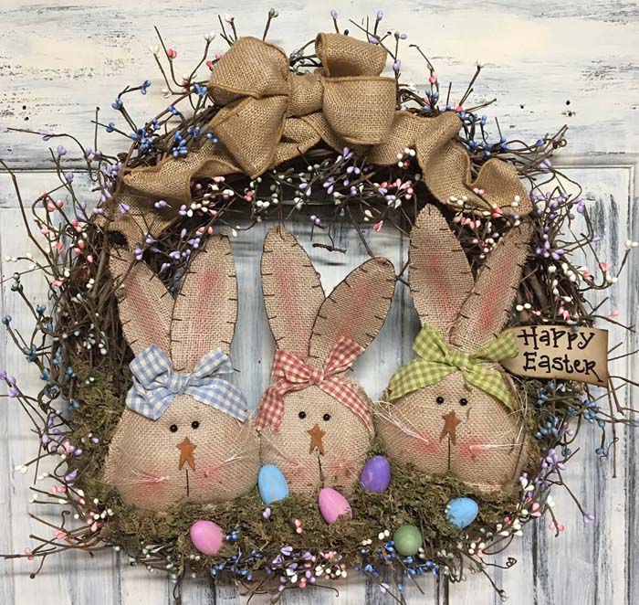 Primitive Burlap-bunnies and Bows with Pastel-pips Wreath #Easter #spring #vintagedecor #decorhomeideas