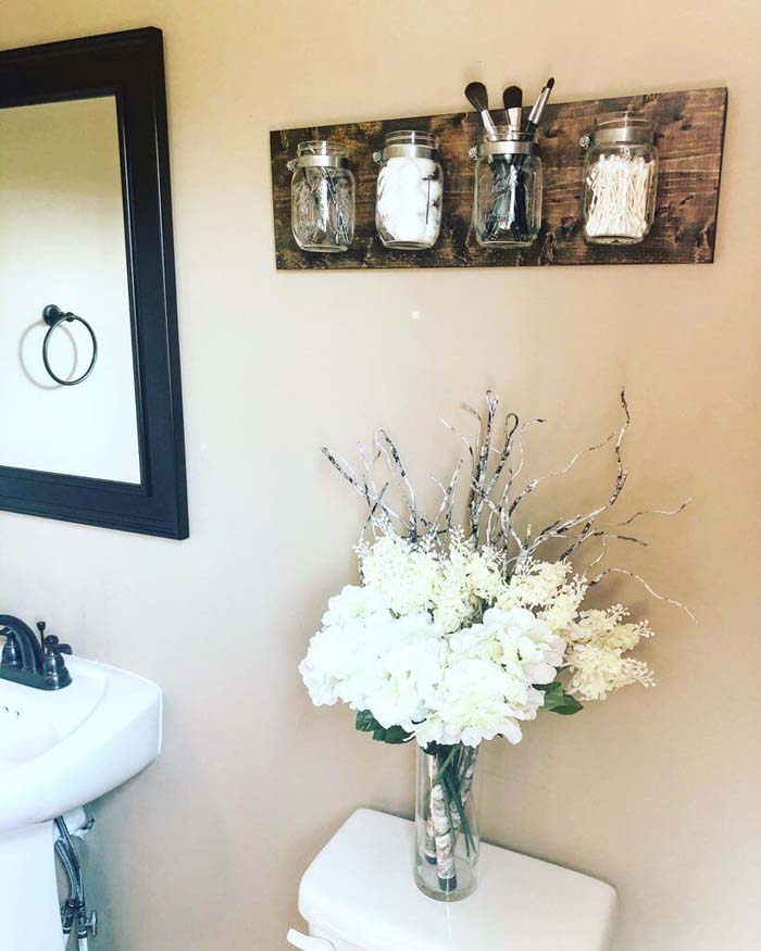 Shabby Chic Repurposed Modern Mason Jar Storage Rack #bathroom #decor #decorhomeideas