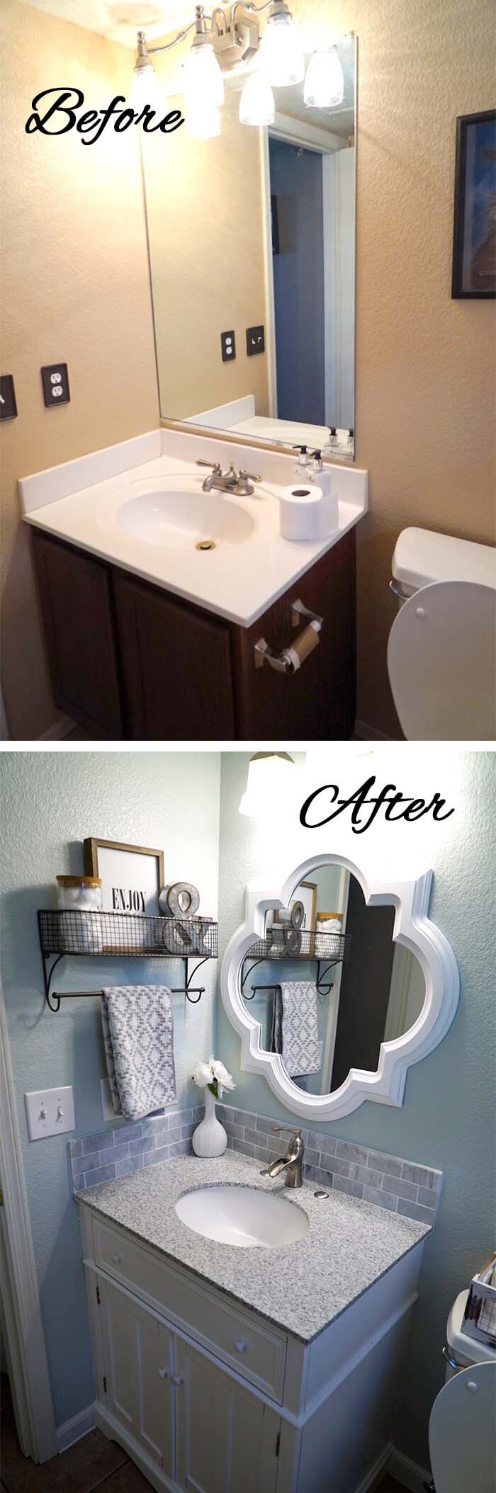 Unexpected Mirrors Work in Small Bathrooms #bathroom #makeover #decorhomeideas