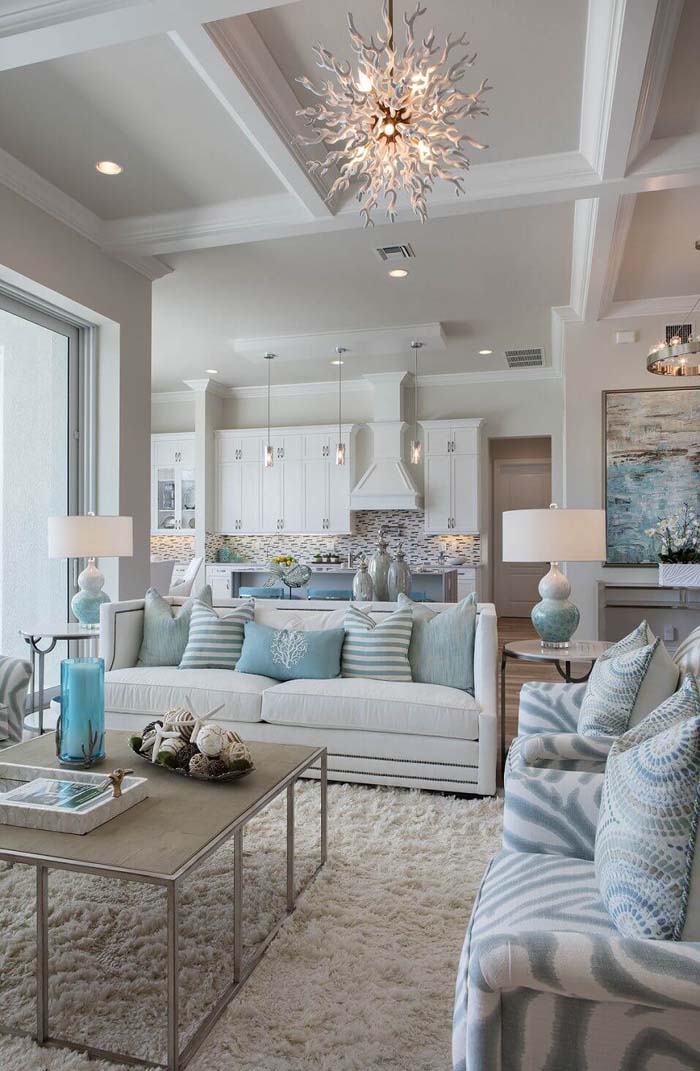 Beach Inspired Living Space with Coral Lighting #beachhouse #interiordesign #decorhomeideas