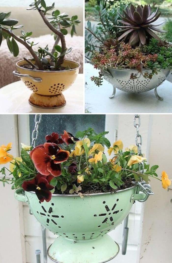 Cute and Easy Colander Planters #gardencontainer #garden #planter #decorhomeideas