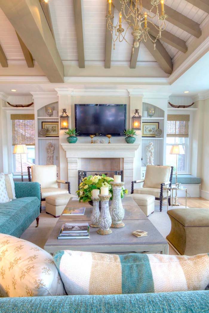 Family Room With Sand and Turquoise Accents #beachhouse #interiordesign #decorhomeideas