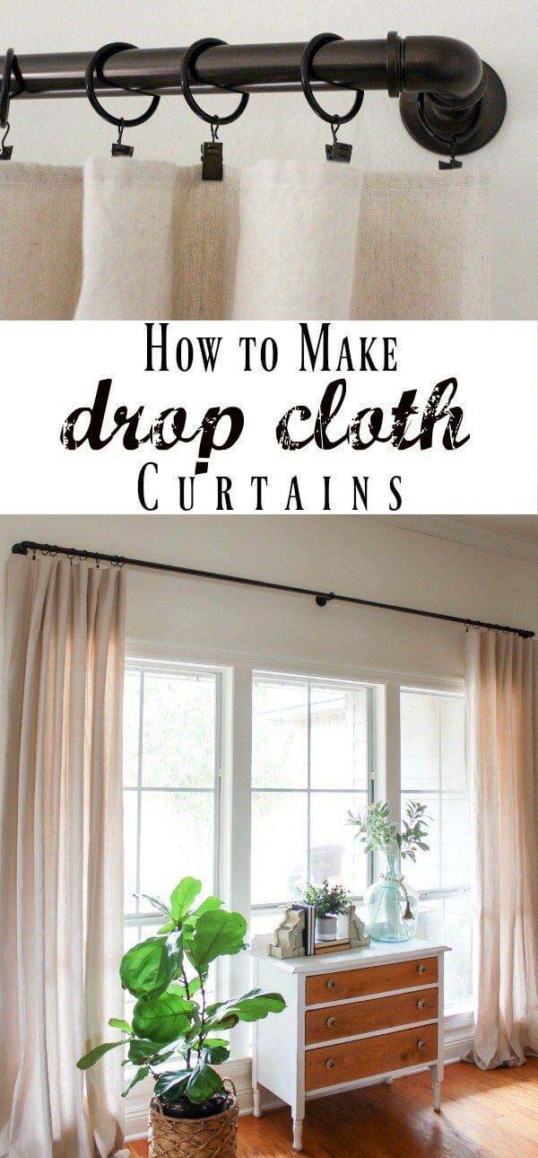 Farmhouse Window Treatment Idea with Drop Cloths #farmhouse #windowtreatments #decorhomeideas