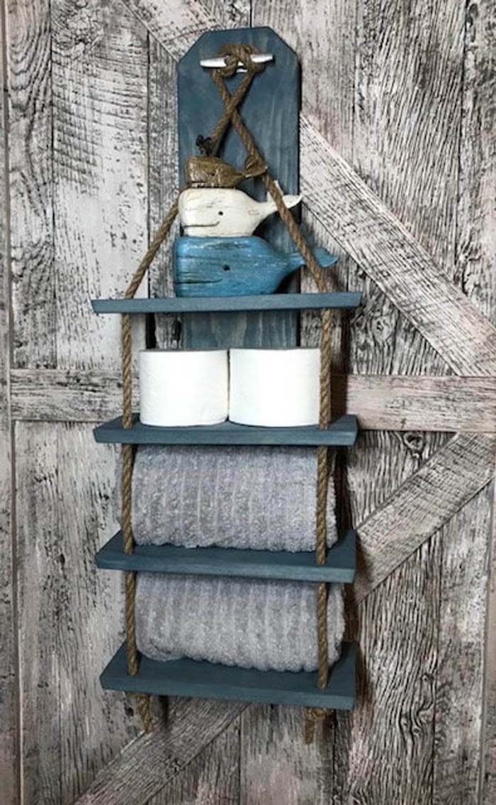 Gnarly Nautical Shelf with Knots and Whales #nauticalbathroom #bathdecor #decorhomeideas