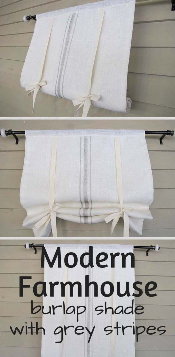 Gray Striped Burlap Shade with Bow Ties #farmhouse #windowtreatments #decorhomeideas