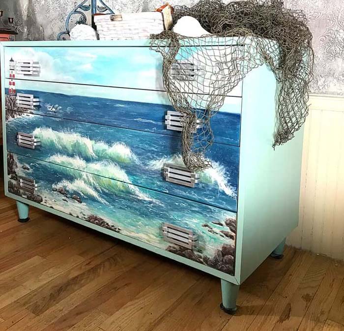 Lighthouse and Crashing Waves Seascape Dresser #nauticalbathroom #bathdecor #decorhomeideas