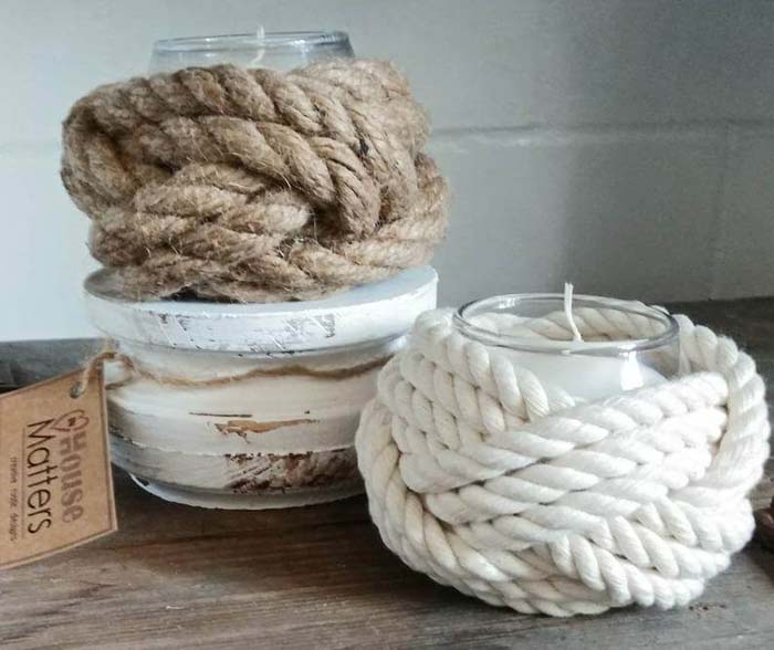 Nautical Rope Wrapped Candle Jars #nauticalbathroom #bathdecor #decorhomeideas