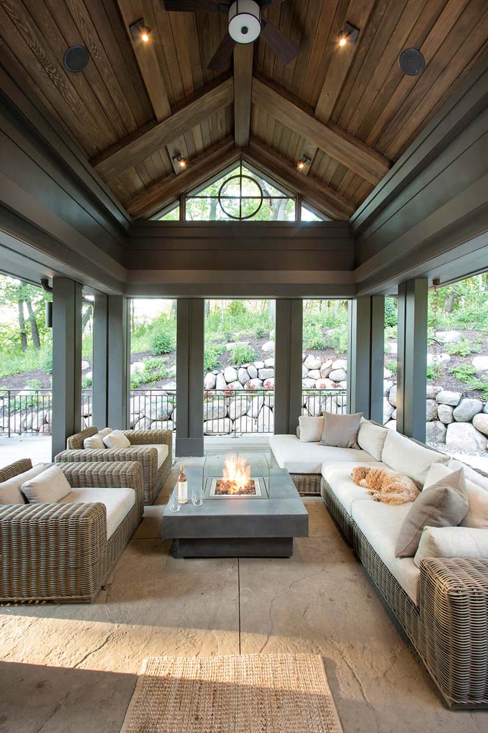 Open Lounge with a Fire Pit Table #beachhouse #interiordesign #decorhomeideas