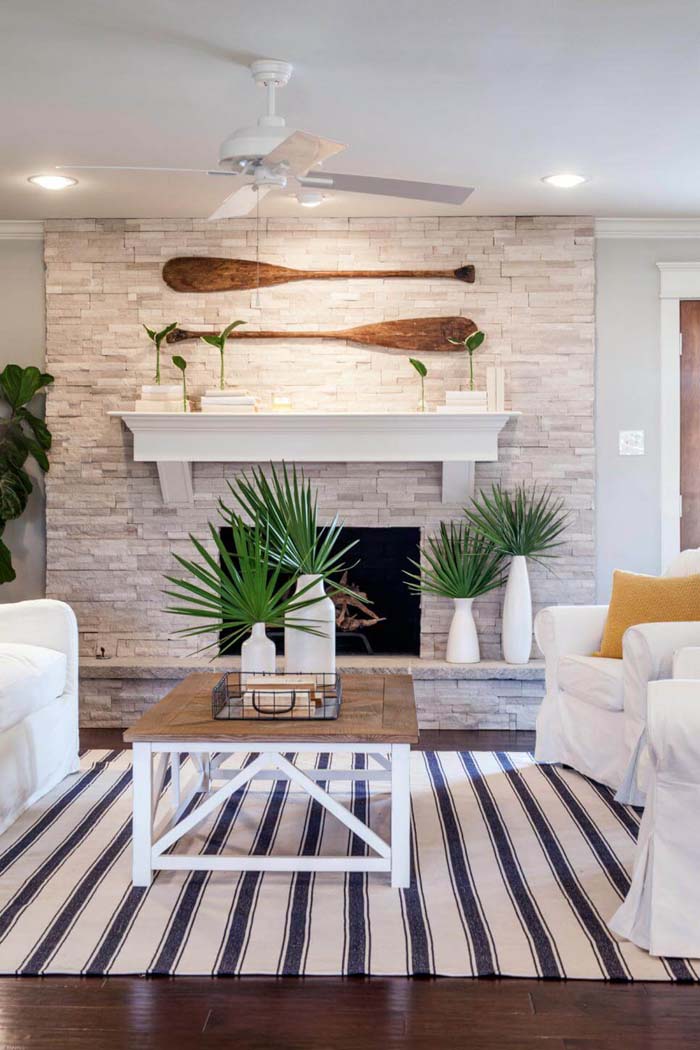 Palms in Front of a Cozy Fireplace #beachhouse #interiordesign #decorhomeideas