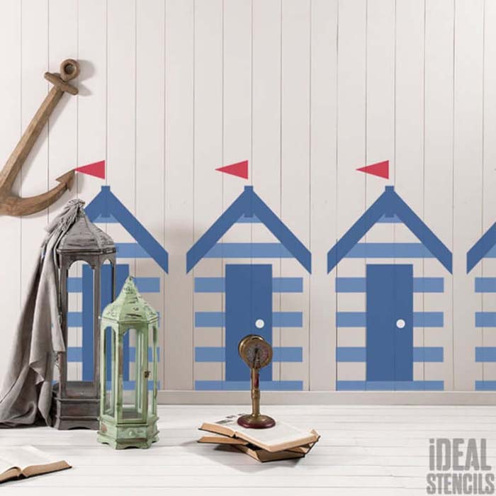 Stenciled Row of Beach Huts Wall Accent #nauticalbathroom #bathdecor #decorhomeideas