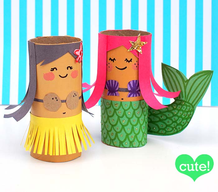Toilet Tube Crafts: Hula Girl And Her Mermaid #kidscrafts #toiletpaperroll #decorhomeideas