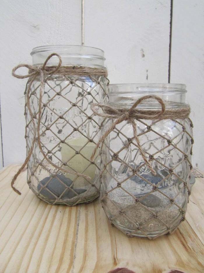 Twine Webbed Nautical Mason Jar Decorations #nauticalbathroom #bathdecor #decorhomeideas