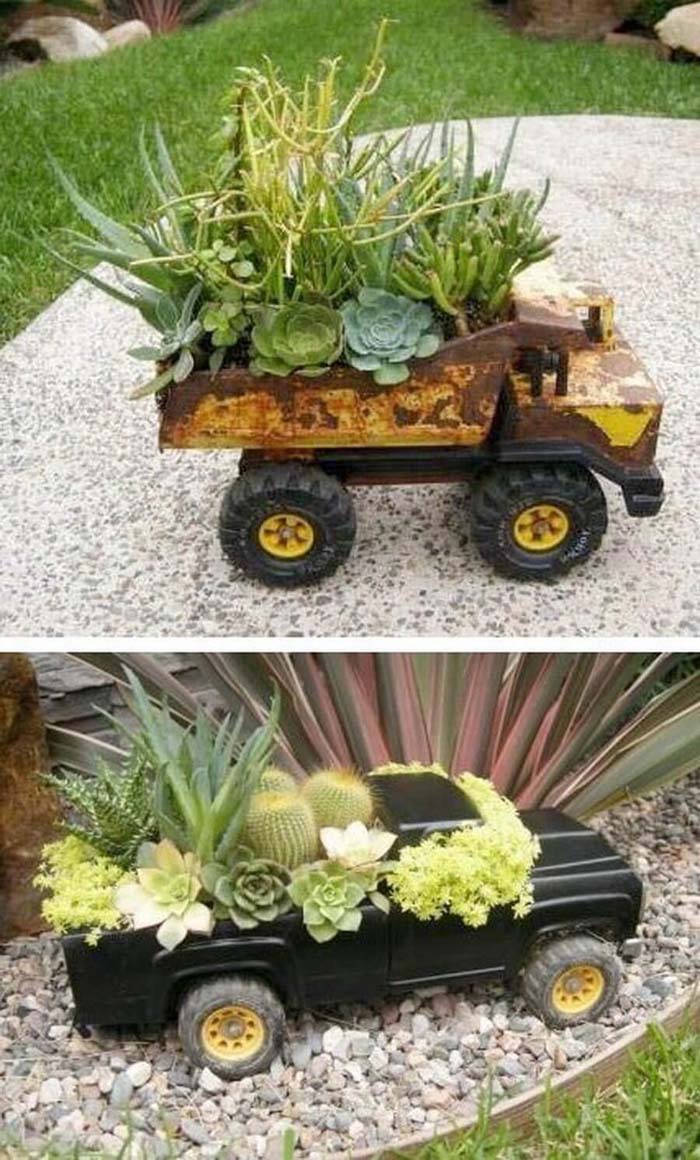 Upcycled Toy Truck Garden Planters #gardencontainer #garden #planter #decorhomeideas