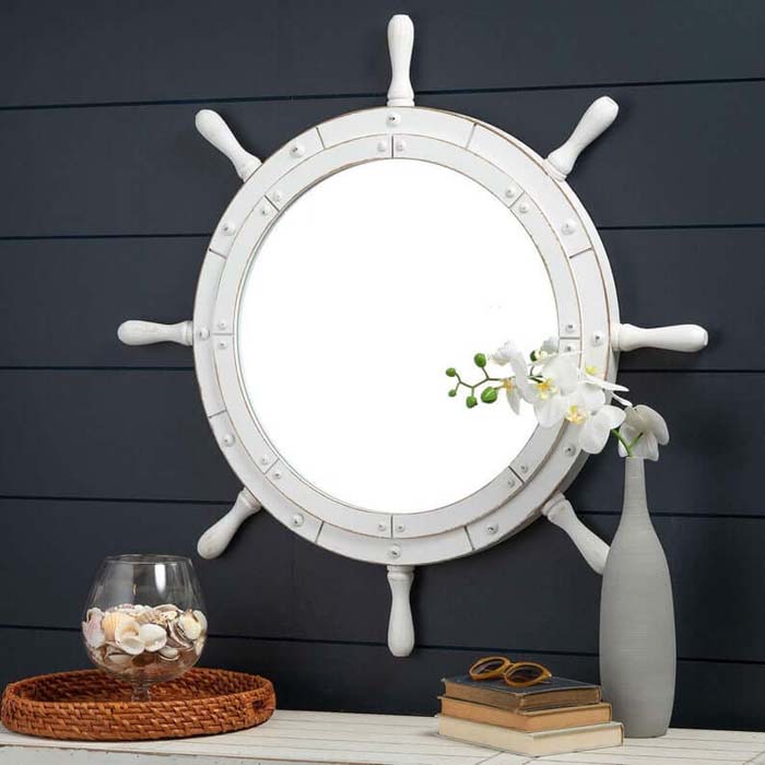 White Ship's Wheel Decorative Mirror #nauticalbathroom #bathdecor #decorhomeideas