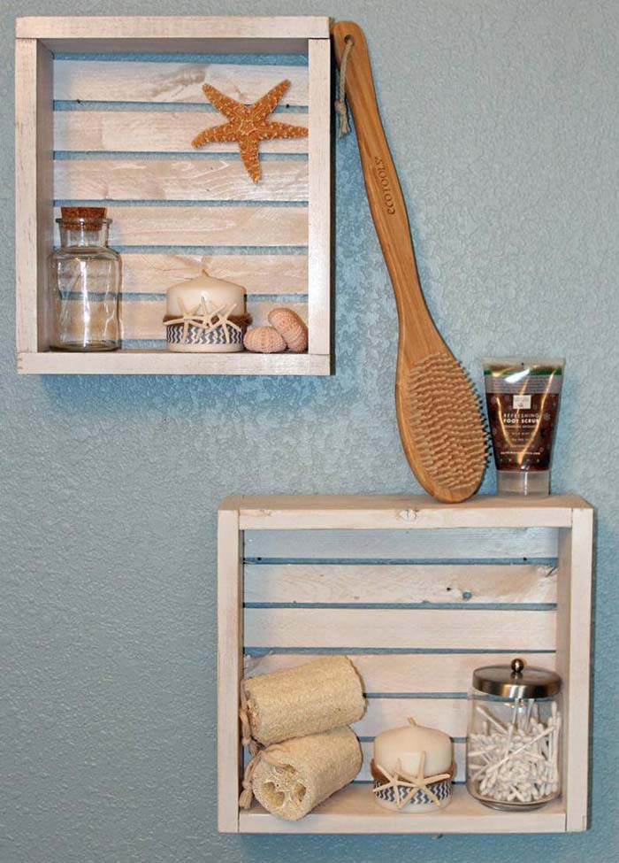 White Washed Crates of Seashells Galore #nauticalbathroom #bathdecor #decorhomeideas