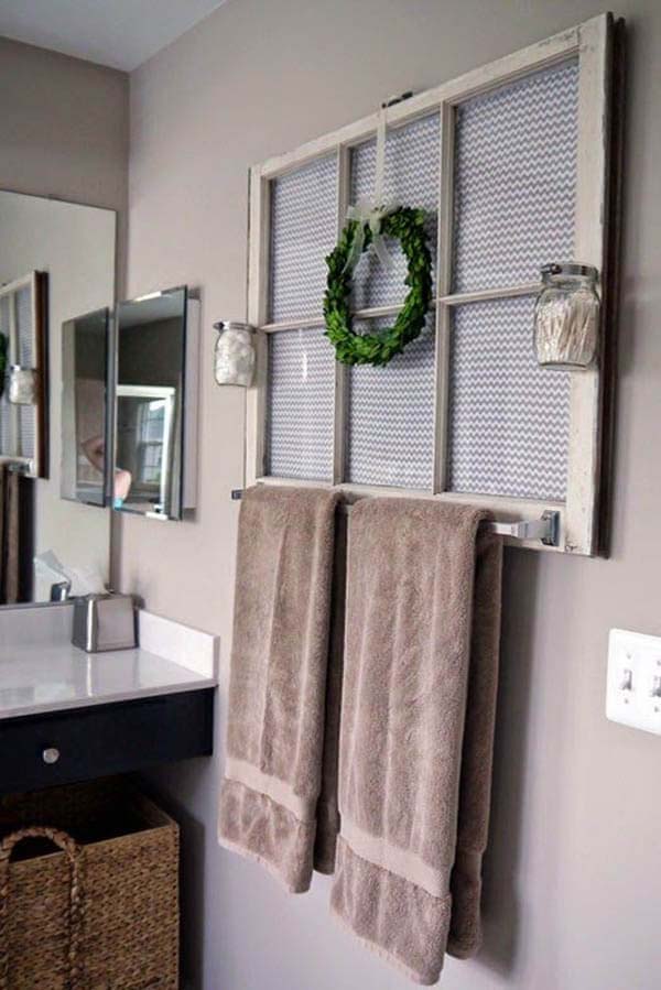 Antique Window Frame Decoration and Towel Rack #farmhousebathroom #bathroom #decorhomeideas