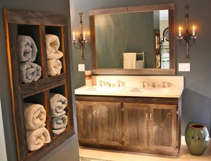Antique Wood Vanity and Towel Organizer #farmhousebathroom #bathroom #decorhomeideas