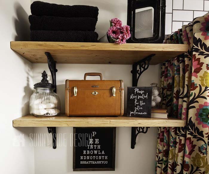 Black Wrought Iron and Wood Wall Shelves #rusticbathroom #rusticdecor #decorhomeideas