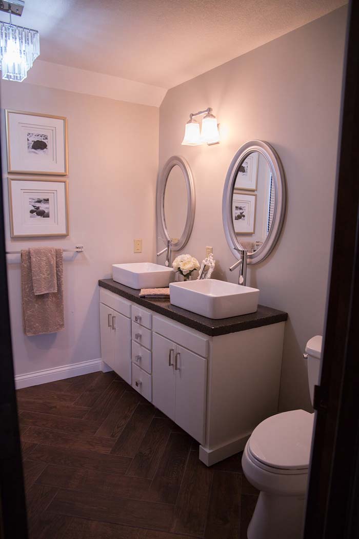 Bold Herringbone Patterned Rich Brown Wooden Flooring #rusticbathroom #rusticdecor #decorhomeideas