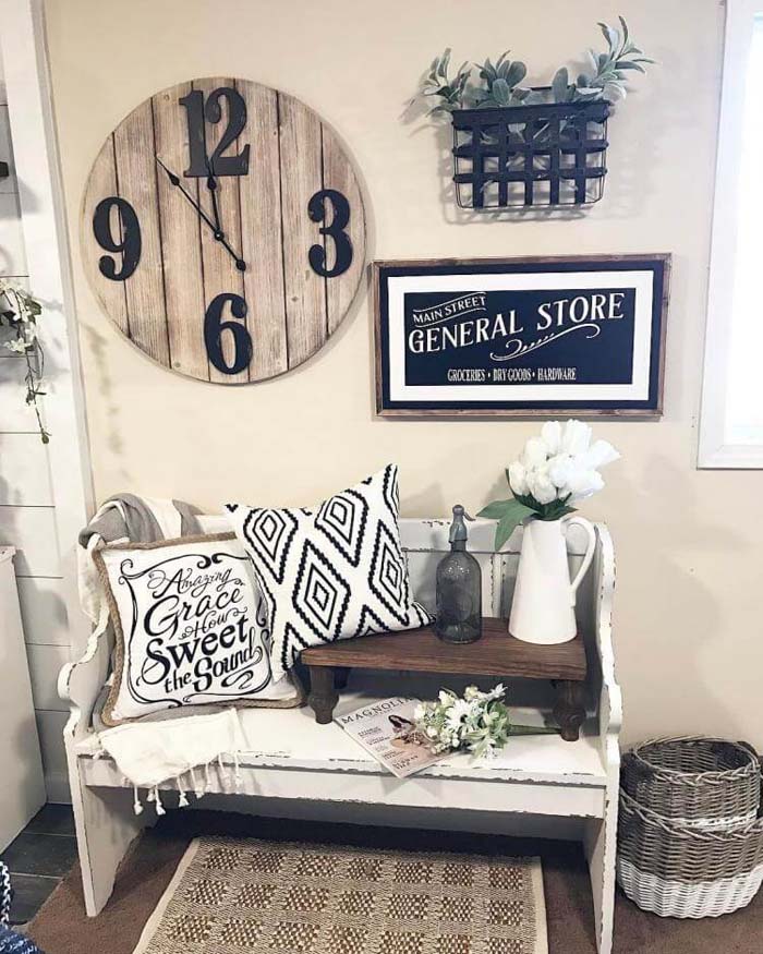 Church Bench, Barrel Clock and Wicker Basket #farmhouse #walldecor #decorhomeideas