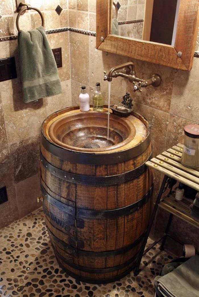 Converted Whiskey Barrel Sink #rusticbathroom #rusticdecor #decorhomeideas