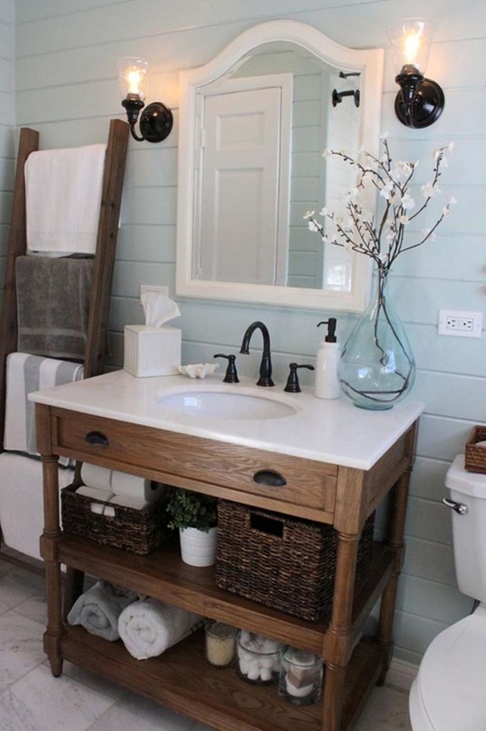 Cottage Bath with Painted Shiplap and Vintage Hardware #rusticbathroom #rusticdecor #decorhomeideas