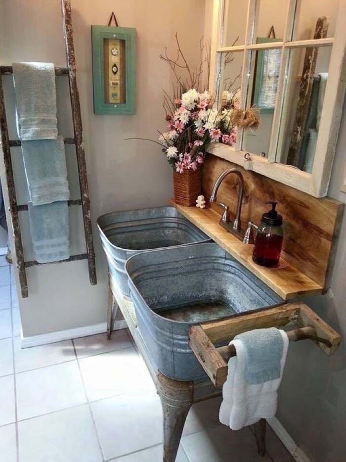 Double Sink Converted from Galvanized Washtubs #rusticbathroom #rusticdecor #decorhomeideas