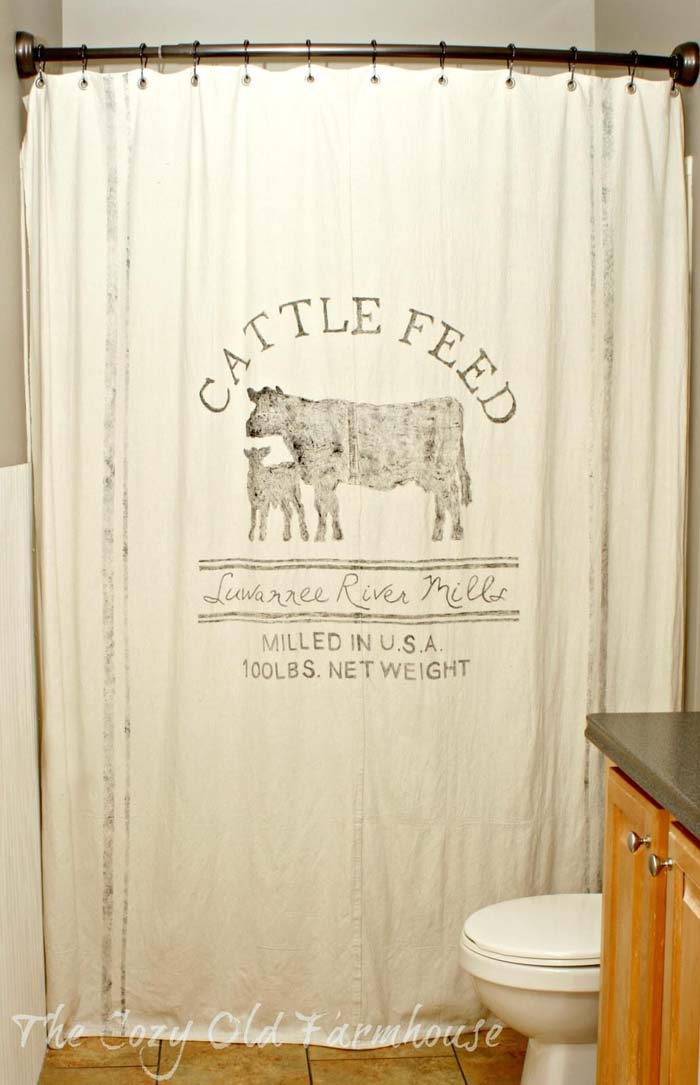 Farm Friendly Feed Sack Shower Curtain #rusticbathroom #rusticdecor #decorhomeideas