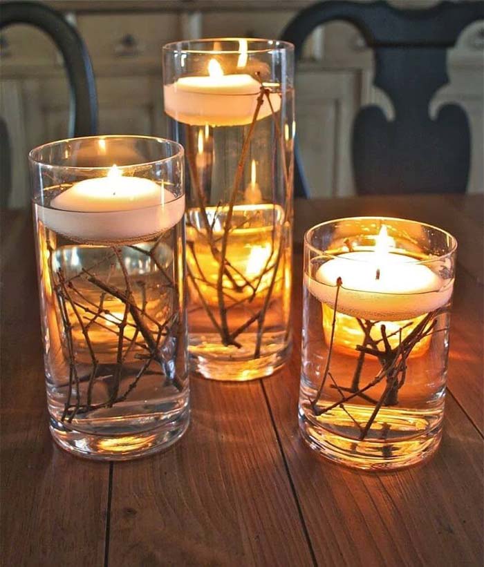 Floating Votives with Twig Accents #candledecorations #candles #homedecor #decorhomeideas