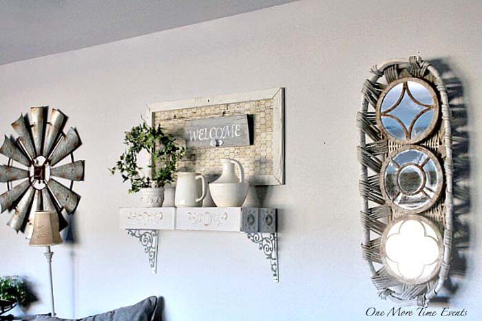 Gathering Basket Mirrors and Sewing Cabinet Shelves #farmhouse #walldecor #decorhomeideas