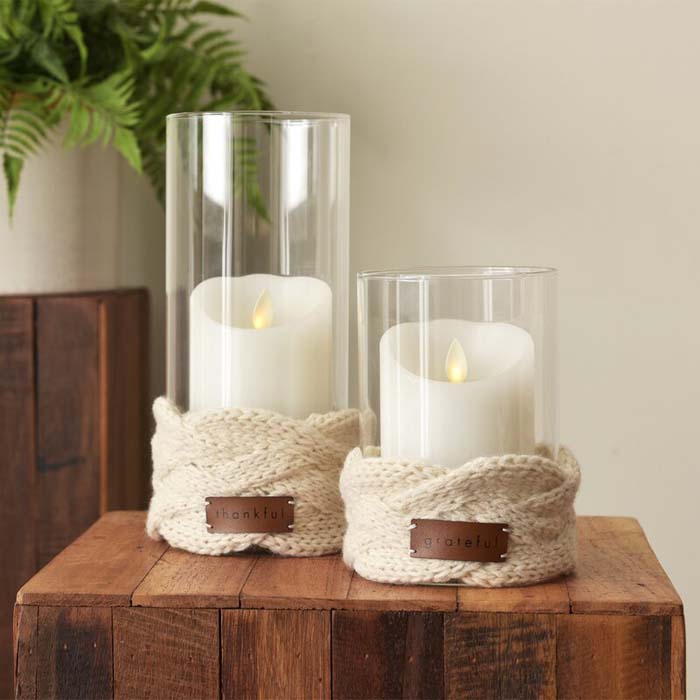 Glass Candle Holder With Knit Wrap Large #candledecorations #candles #homedecor #decorhomeideas