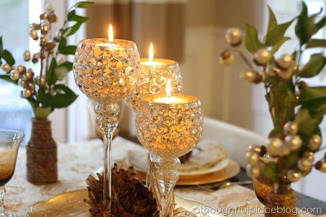 Glittering Wine Goblets Candle Display #candledecorations #candles #homedecor #decorhomeideas