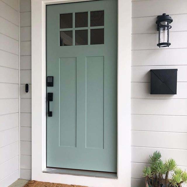 Grey Exterior Walls and Olive Green Front Door #frontdoorcolor #frontdoor #paintcolor #decorhomeideas