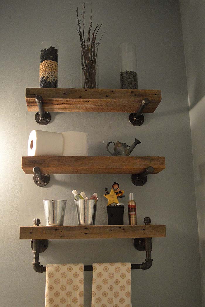 Heavy Plank Shelves with Industrial Hardware #rusticbathroom #rusticdecor #decorhomeideas