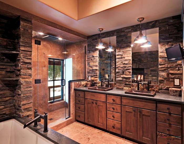 Masculine Bath with Dark Stone and Walk-in Shower #rusticbathroom #rusticdecor #decorhomeideas