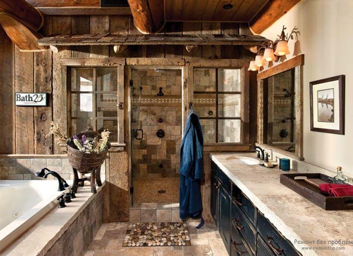 Mixed Stone Cabin Bathroom with Walk-in Shower #rusticbathroom #rusticdecor #decorhomeideas
