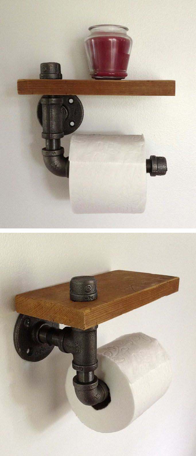 Pipe-fitting Toilet Paper Holder with Shelf #rusticbathroom #rusticdecor #decorhomeideas