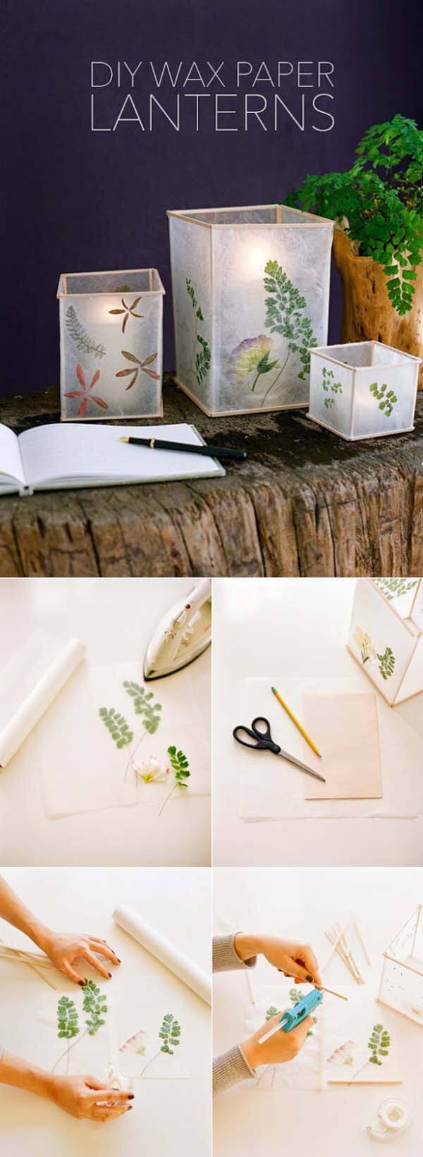 Pressed Flower and Leaf Wax Paper Lanterns #gardenlantern #diylanterns #decorhomeideas