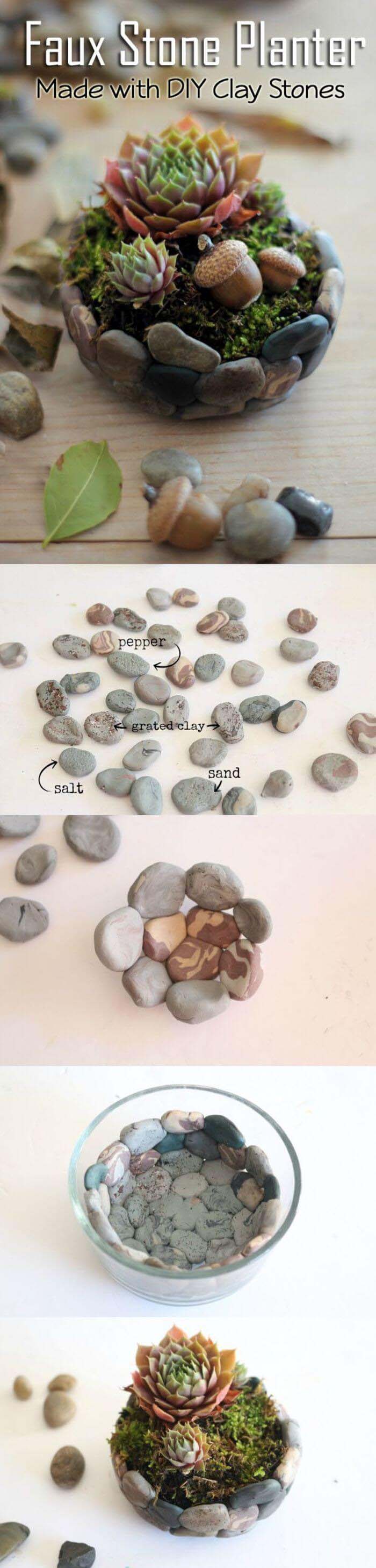 Pretty Stones Dress Up This Crafty Faux Planter #homedecor #pebbles #rocks #decorhomeideas