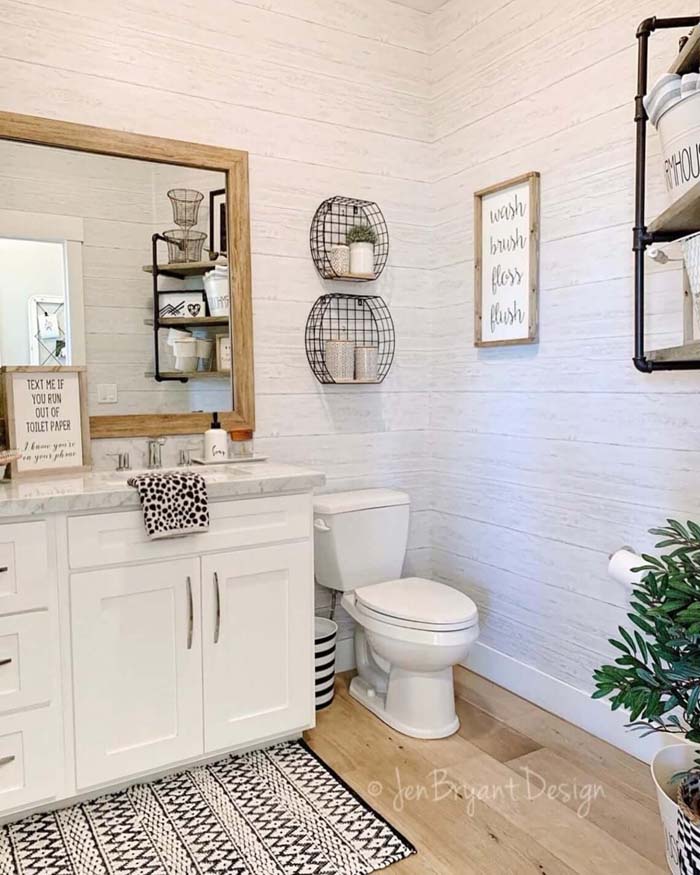 Reclaimed Wood Shiplap Style Wallpaper #farmhousebathroom #bathroom #decorhomeideas