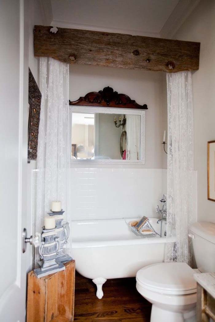Rough Beam Cornice Box for Shower Curtains #rusticbathroom #rusticdecor #decorhomeideas