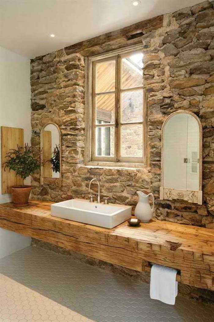 Rough Stone Accent Wall With Solid Beam Vanity #rusticbathroom #rusticdecor #decorhomeideas