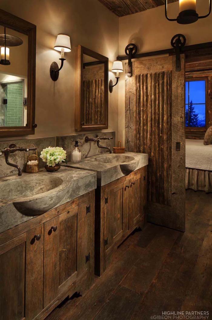 Rustic Bathroom Decor with Concrete Sinks and Barn Door #rusticbathroom #rusticdecor #decorhomeideas