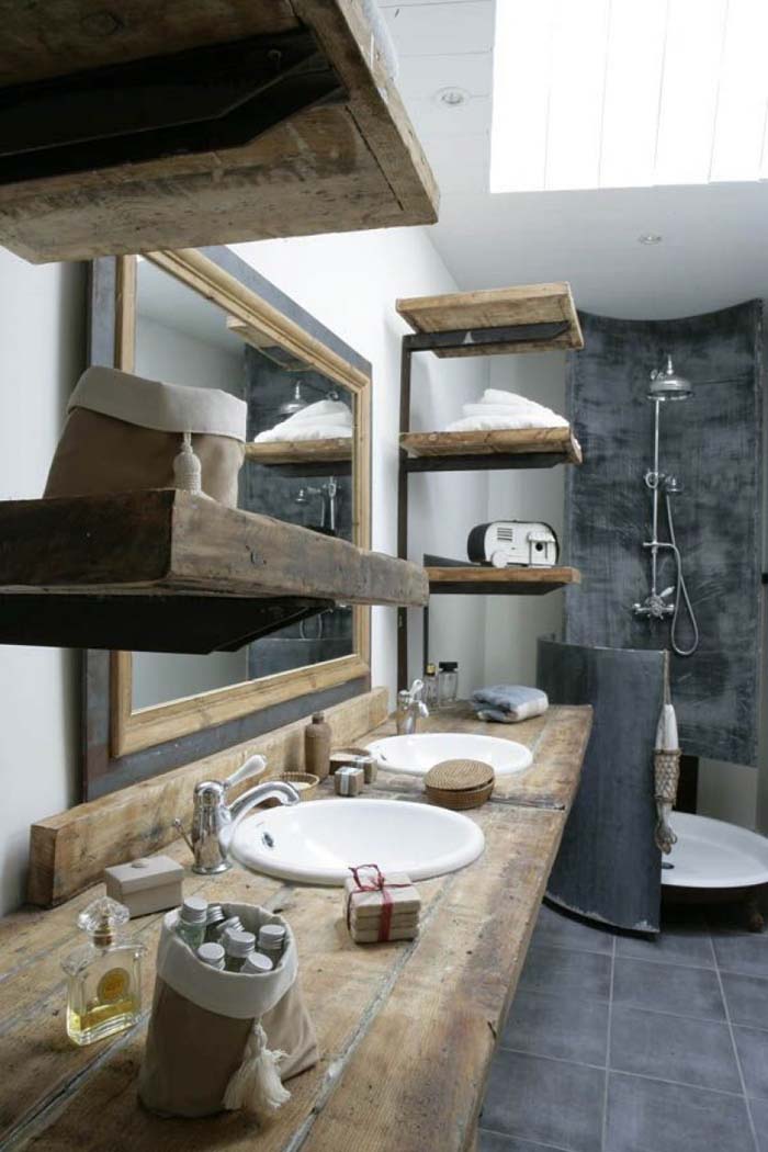 Rustic Bathroom Decorations with Honey-toned Wood and Dark Stone #rusticbathroom #rusticdecor #decorhomeideas