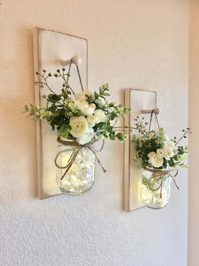 Rustic Hanging Mason Jar Sconces #farmhouse #walldecor #decorhomeideas