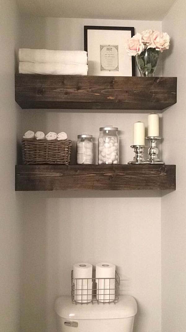 Rustic Wood Beam Bathroom Shelves #farmhousebathroom #bathroom #decorhomeideas