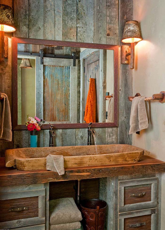 Stone Double Sink and Barn Wood Paneling #rusticbathroom #rusticdecor #decorhomeideas